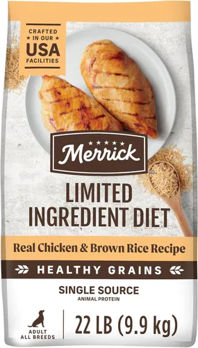 Merrick Dieta de ingredientes limitados, croquetas premium y naturales con granos saludables de pollo y arroz integral para perros, bolsa de 22.0