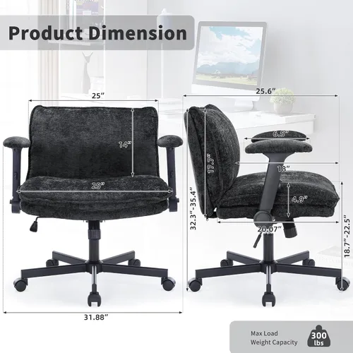 Miniatura 3 de FanciSpot Silla de oficina con patas cruzadas con ruedas y brazos abatibles ajustables, silla de escritorio cruzada con cojín grueso, silla de Negro