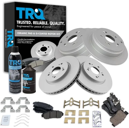 TRQ Kit de pastillas de freno delanteras y traseras y rotores Kit químico de freno, pastillas de freno Rotor de freno Cerámica Premium G-Coated