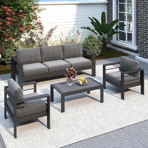 Miniatura 31 de Solaste Juego de muebles de patio de aluminio para todo tipo de clima, moderno juego de muebles de metal para exteriores con asientos profundos