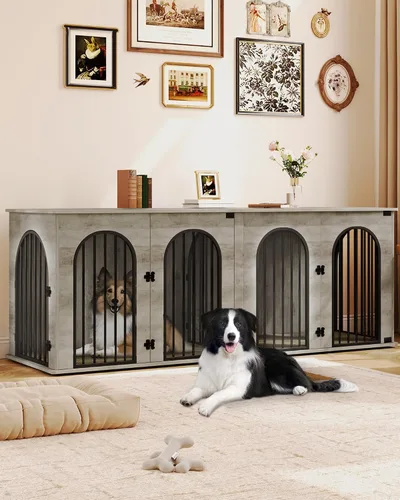 Miniatura 9 de Hzuaneri Mueble de jaula para perros de 88.4 pulgadas para 2 perros, soporte de TV para perreras de interior resistente, jaula de madera XXL