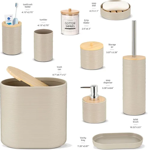 Miniatura 3 de IMAVO Juego de accesorios de baño - Juego de 11 piezas de accesorios de baño beige con cubo de basura, dispensador de jabón, jabonera, soporte