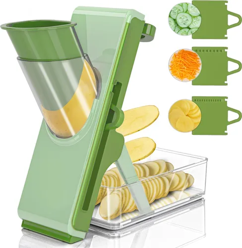 Miniatura 12 de Eletronova Cortadora de mandolina segura para cocina, cortador de verduras para cocina Verde oscuro claro