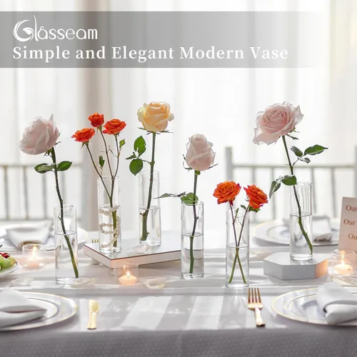 Miniatura 5 de Glasseam - Juego de 12 jarrones cilíndricos de cristal para centros de mesa, mesa de fiesta de boda, 5.9 pulgadas, decoración moderna y transparente