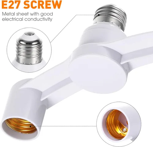 Miniatura 5 de TEHAUX Paquete de 2 divisor de enchufe de luz E27 de doble cabezal, soporte de lámpara doble de 7 pulgadas de ancho, adaptador divisor de bombilla