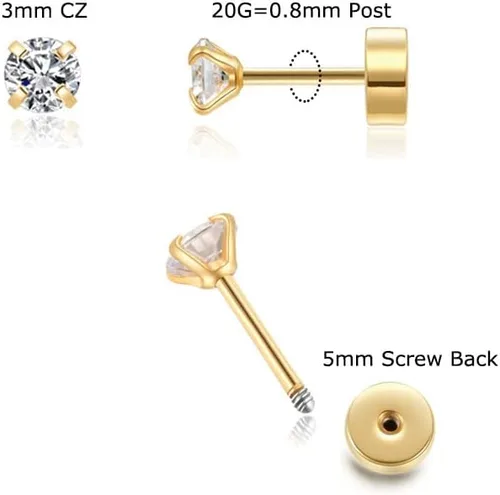 Miniatura 2 de Aretes de botón planos con tuerca de circonita cúbica, pequeños aretes planos de circonita cúbica para hélice, cartílago, tragus, lóbulo