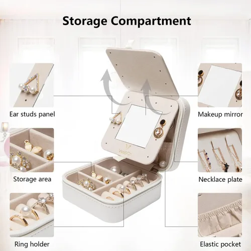 Miniatura 3 de Vee - Joyero de viaje pequeño, organizador de joyas portátil con espejo, estuche de almacenamiento para aretes, anillos, collares, regalo