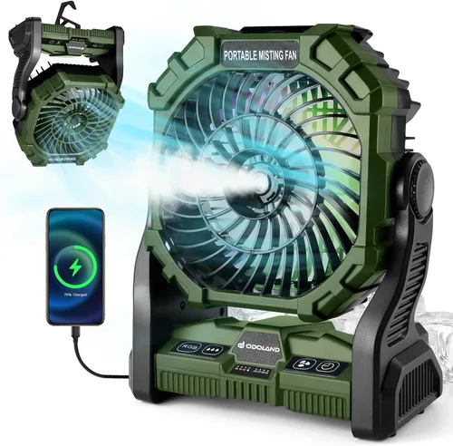 Miniatura 8 de Odoland Ventilador de camping portátil con linterna LED, ventilador de niebla recargable con batería de 20000 mAh con luz, tanque de agua de 8.5 fl