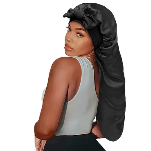 Miniatura 2 de Gorro de seda satinada para el cabello: gorros largos con banda de amarre elástica, correas ajustables, tamaño jumbo para dormir cómodamente, gorros