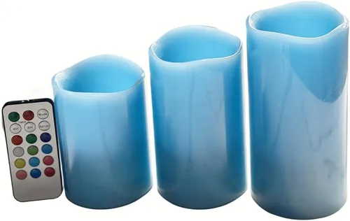Adoria Juego de 3 velas azules sin llama, velas de pilar de cera real que funcionan con pilas con control remoto y temporizador, diámetro de 3