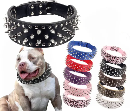 PU - Collar para perro de piel sintética ajustable de 2.0 in, tachonado con clavos, Negro