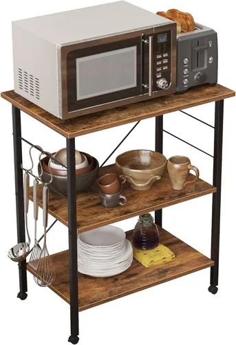 Miniatura 10 de sogesfurniture Estante de cocina de 3 niveles para panadero, soporte para horno de microondas, carrito de almacenamiento, estación de trabajo, Negro