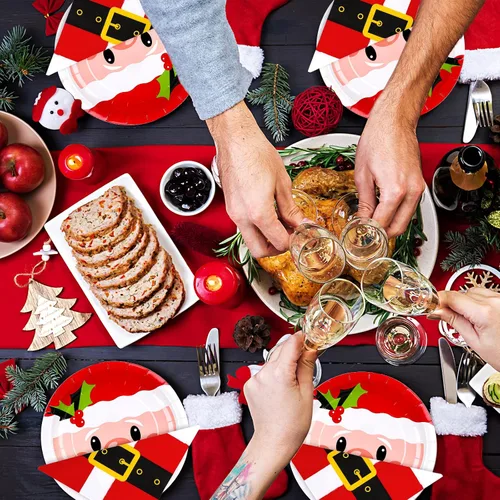 Miniatura 5 de Whaline Juego de 90 piezas de suministros para fiesta de Navidad, platos de papel con patrón de Papá Noel de 9 pulgadas y cinturones de Papá Noel
