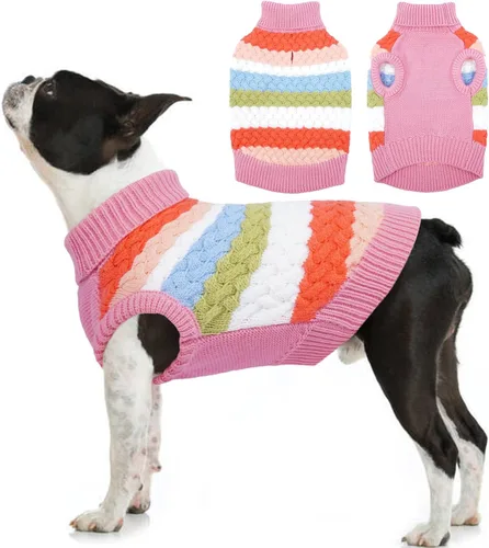 Miniatura 16 de Kuoser Suéter grande para perro, suéteres de punto de cuello alto para perros grandes, rayas coloridas, chaleco de punto para mascotas, ropa cálida