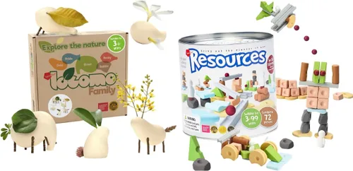 Taksa Toys Locomo & Resources Set: 72 piezas de bloques de construcción Montessori y 5 figuras de animales de madera de color natural, juego de