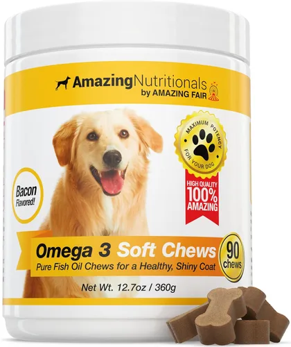 Miniatura 9 de Amazing Omega 3 para perros, suplemento de aceite de pescado, 120 masticables de tocino, vitaminas para perros para aliviar la picazón en la piel