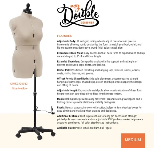 Miniatura 2 de Dritz My Double Designer Forma de Vestido Ajustable Mediana, Tallas Femeninas US 14–20, Maniquí de Costura con Torso Corporal Pinchable, 13 Diales