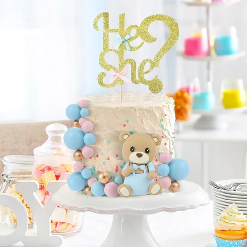 Miniatura 6 de Gerrii Juego de 19 piezas de decoración para tartas de revelación de género, incluye decoración para tartas He or She de varios tamaños, púas