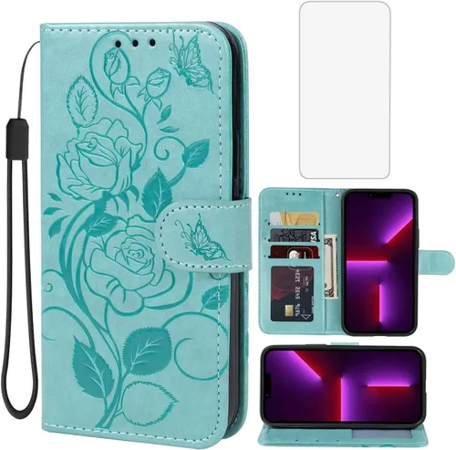 Funda para iPhone 13, iPhone 14 Funda tipo cartera con protector de pantalla de vidrio templado, funda de cuero con flor para tarjeta de crédito con
