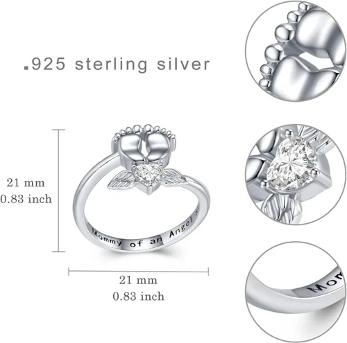 Miniatura 5 de SVODEA Anillo abierto de pies de bebé para mujer, plata de ley 925 con circonita cúbica creada con alas de ángel, anillos ajustables, delicado