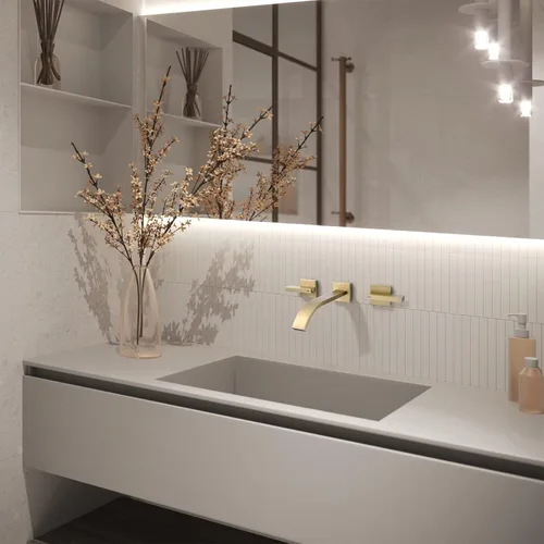 Miniatura 5 de RBROHANT RB0997 - Grifo de baño de latón cepillado para montaje en pared, 2 asas, montaje en pared, válvula empotrada incluida, RB0997 Oro cepillado