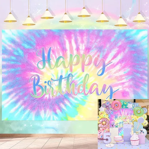 Miniatura 8 de Out - Telón de fondo de un solo dígito de feliz cumpleaños número 10, arco iris, teñido anudado, fondo de fotografía para niñas, decoración