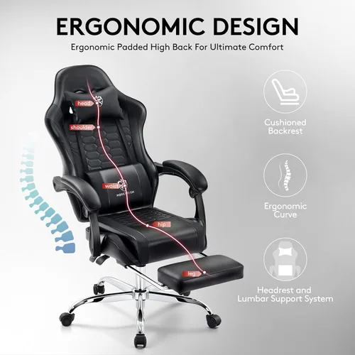 Miniatura 9 de Silla Gaming, Silla de Oficina para Computadora con Reposapiés, Soporte Lumbar de Masaje y Almohadilla de Gel, Silla Ergonómica Reclinable Ajustable