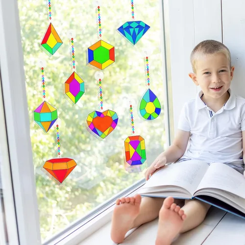 Miniatura 9 de Winlyn 27 juegos de adornos de atrapasoles con joyas, decoración de pintura para ventanas, kits de manualidades, atrapasoles de joyas para niños