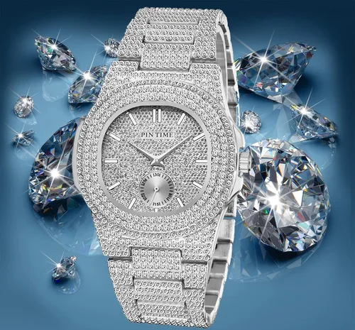Miniatura 19 de Gosasa Reloj de pulsera unisex de cristal para hombre y mujer, reloj cubano con brillo completo, oblongo de plata/oro, reloj de pulsera de acero