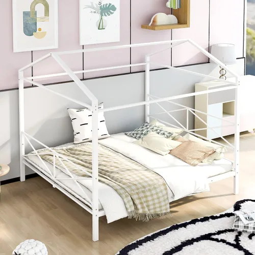 Miniatura 10 de Cama de metal simple con base de tablillas, cama de plataforma tamaño Queen con techo y cabecero, para niños, adolescentes, niños, niñas, uso