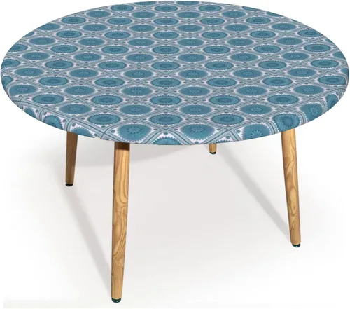 Mantel redondo de mandala azul, para interiores, cocina, comedor o exterior, impermeable y lavable, mantel redondo con bordes elásticos, color azul