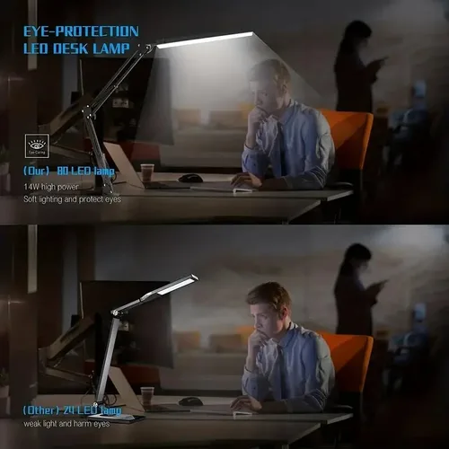 Miniatura 6 de Lámpara de escritorio LED con 3 modos de cuidado de los ojos, 10 brillo; lámpara flexible larga y ajustable con brazo oscilante para trabajadores