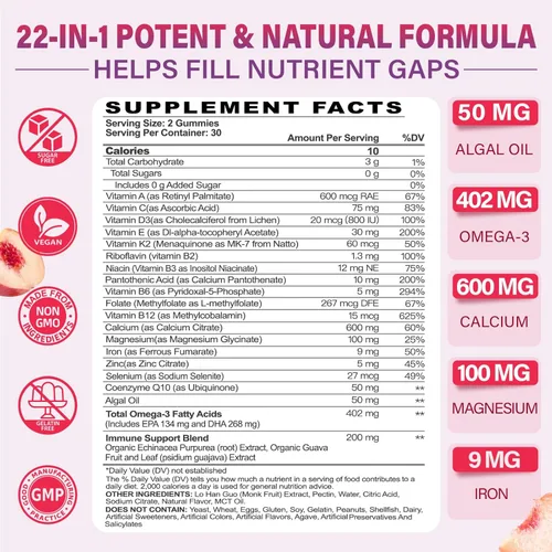 Miniatura 2 de Gomitas multivitamínicas para mujeres 50 Plus – con Omega 3, coenzima Q10, hierro, calcio, zinc, vitamina A, C, D3, E, K2, complejo B, folato