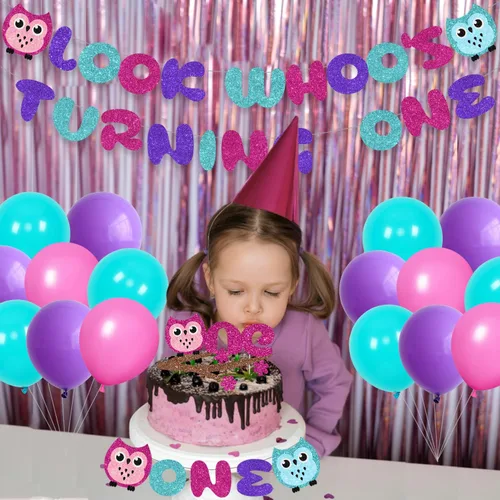 Miniatura 4 de Decoraciones de fiesta de primer cumpleaños de búho de dibujos animados para niños y niñas con Look Who's Turning One, globo de látex, decoración