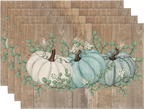 Miniatura 24 de Artoid Mode - Set de 2 manteles individuales de cuadros de búfalo con calabazas y hojas de eucalipto, manteles otoñales de 12x18 pulgadas para Azul