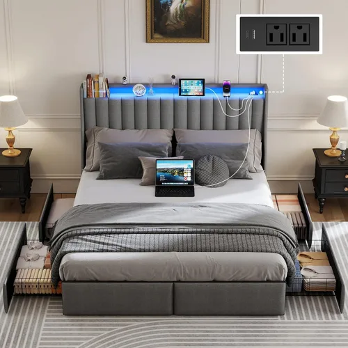Miniatura 15 de SADENICEL Base de cama de tamaño completo con cabecera de almacenamiento y 4 cajones, plataforma de base de cama de metal completo con luz LED
