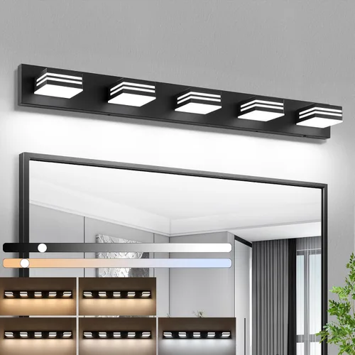Miniatura 20 de Moderna lámpara LED para tocador de baño (3 luces, 24 pulgadas) (5CCT, regulable), negro mate moderno para pared de baño