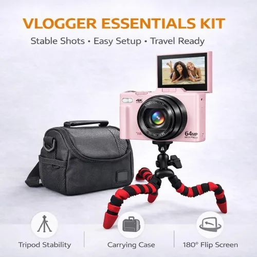 Miniatura 3 de Cámara digital 4K 64MP Vlogger Essentials Kit con trípode flexible, funda de transporte, lente gran angular, pantalla abatible de 180°, WiFi, zoom
