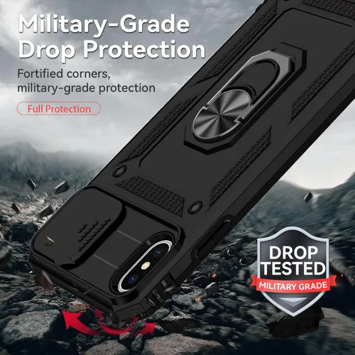 Miniatura 3 de Funda para iPhone X, iPhone Xs, cubierta de lente de cámara deslizante integrada+soporte de anillo de dedo+protector de pantalla, resistente a Negro