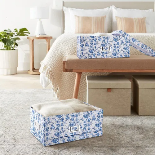 Miniatura 4 de Briful Juego de 2 cajas de almacenamiento de porcelana azul y blanca con tapas, elegantes cubos organizadores de anidación floral, juego de cajas