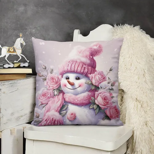 Miniatura 9 de Funda de cojín de muñeco de nieve con rosas rosadas, bufanda y sombrero, funda de almohada para cama, decoración moderna para sofá, dormitorio, sala