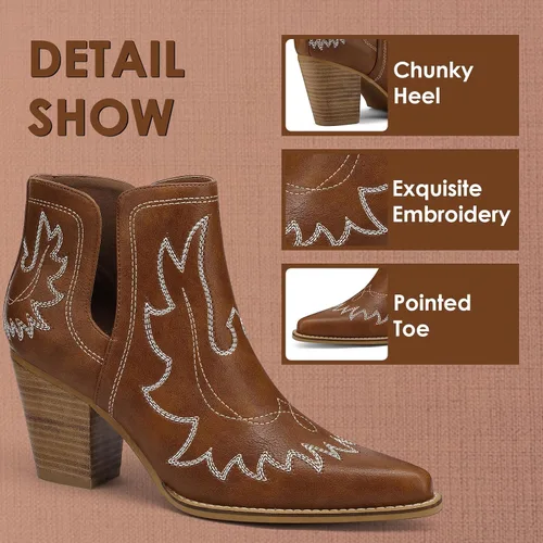 Miniatura 3 de Botas vaqueras para mujer, con puntera puntiaguda, bordadas, sin botones, botas vaqueras con tacón grueso, botines occidentales