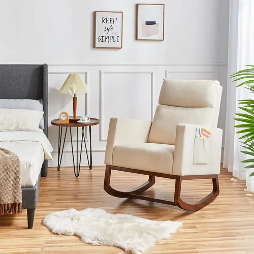 Miniatura 9 de Topeakmart Mecedora tapizada para cuarto de bebé, moderna silla de acento con patas de madera, bolsillo lateral, sillón mecedor para guardería, sala