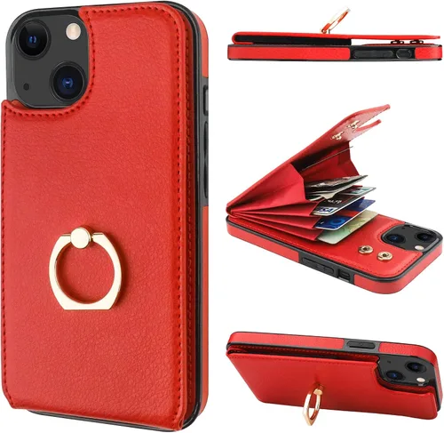 Folosu Funda compatible con iPhone 13 con soporte para tarjetas, rotación de 360°, soporte de anillo de dedo con función atril, protección con Rojo