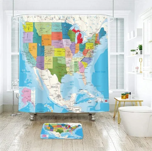 Miniatura 3 de Cortina de ducha con mapa americano, 72 x 72 pulgadas, geografía educativa, ciudades de Estados Unidos, tecnología de tierra blanca, colorida