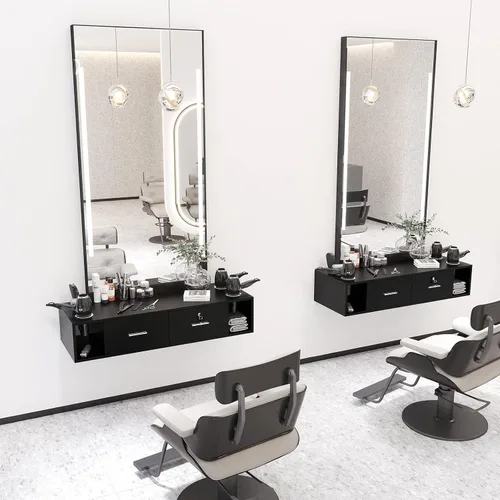 Miniatura 2 de OmySalon Estación de estilo de montaje en pared para estilista, equipo de peluquería de belleza, estación de gabinete de salón con cajones de Negro
