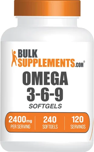 BulkSupplements. com Omega 3-6-9 cápsulas blandas - Suplemento triple omega, de linaza, onagra y aceite de pescado, 2 cápsulas blandas por porción,