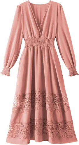Miniatura 68 de Vestido largo de encaje para mujer de manga corta y cuello en V, vestido de fiesta estilo bohemio con cintura fruncida, vestido bohemio para mujer