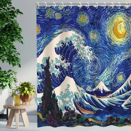 Miniatura 21 de RosieLily Cortina de ducha con diseño de lago de montaña, cielo nocturno estrellado, paisaje de luna y bosque para baño, 72 pulgadas de ancho x 72