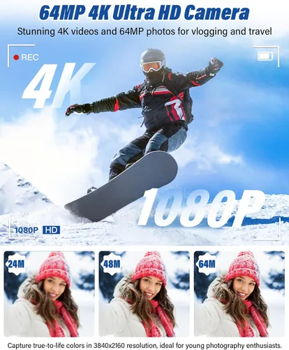 Miniatura 2 de Nueva cámara digital 4K para fotografía y vlogging, cámaras de viaje con pantalla abatible de 180° de 64MP y 2.88 pulgadas con zoom de 16X, tarjeta